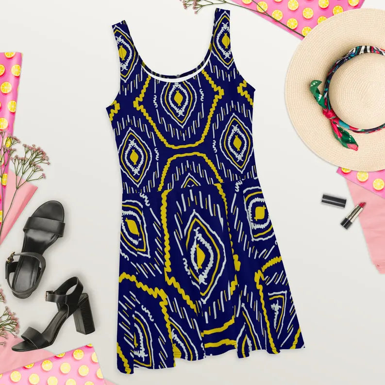 Blue Yellow Women Skater Dress Adirelounge
