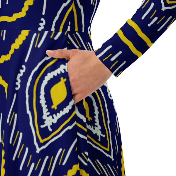 Blue and Yellow African Print Long Sleeve Midi Dress Adirelounge