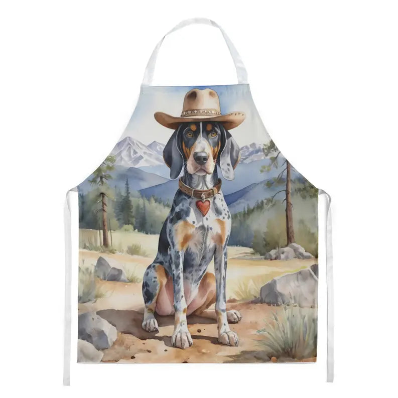Whimsical dog-themed apron featuring a blue merle hound in a cowboy hat, perfect for pet lovers and cooking enthusiasts.