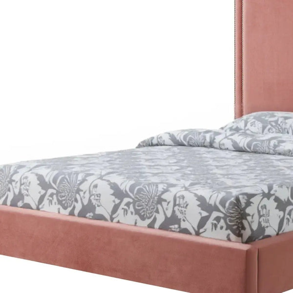 Blush Solid Wood Queen Upholstered Velvet Bed with Nailhead Trim Homeroots Bed & Bath