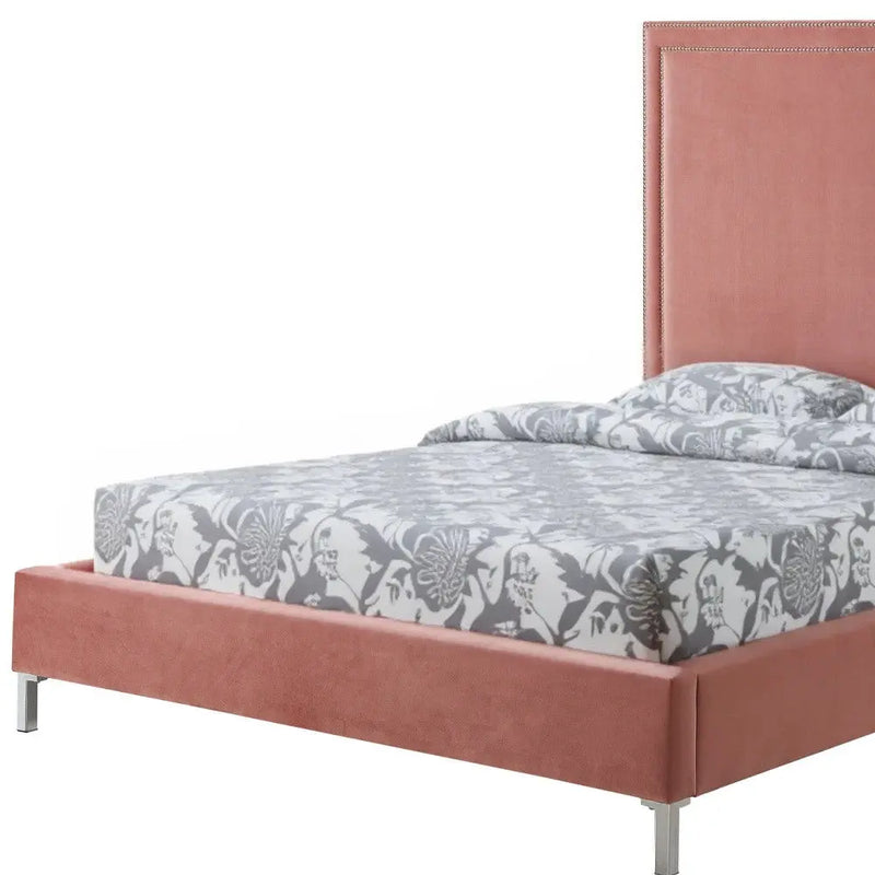 Blush Solid Wood Queen Upholstered Velvet Bed with Nailhead Trim Homeroots Bed & Bath