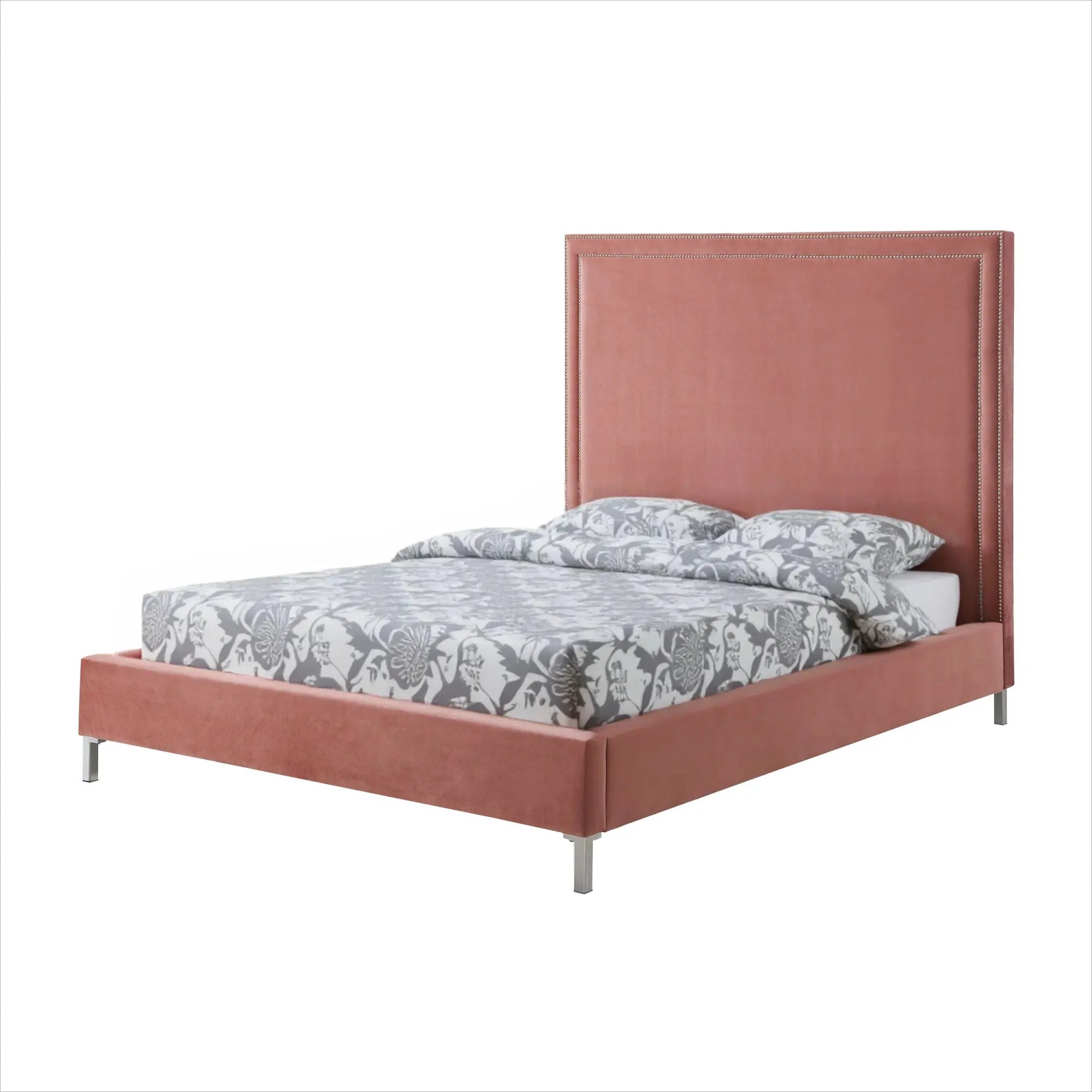 Blush Solid Wood Queen Upholstered Velvet Bed with Nailhead Trim Homeroots Bed & Bath