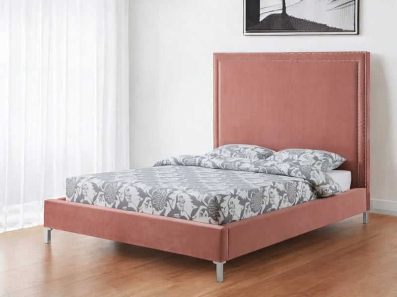 Blush Solid Wood Queen Upholstered Velvet Bed with Nailhead Trim Homeroots Bed & Bath