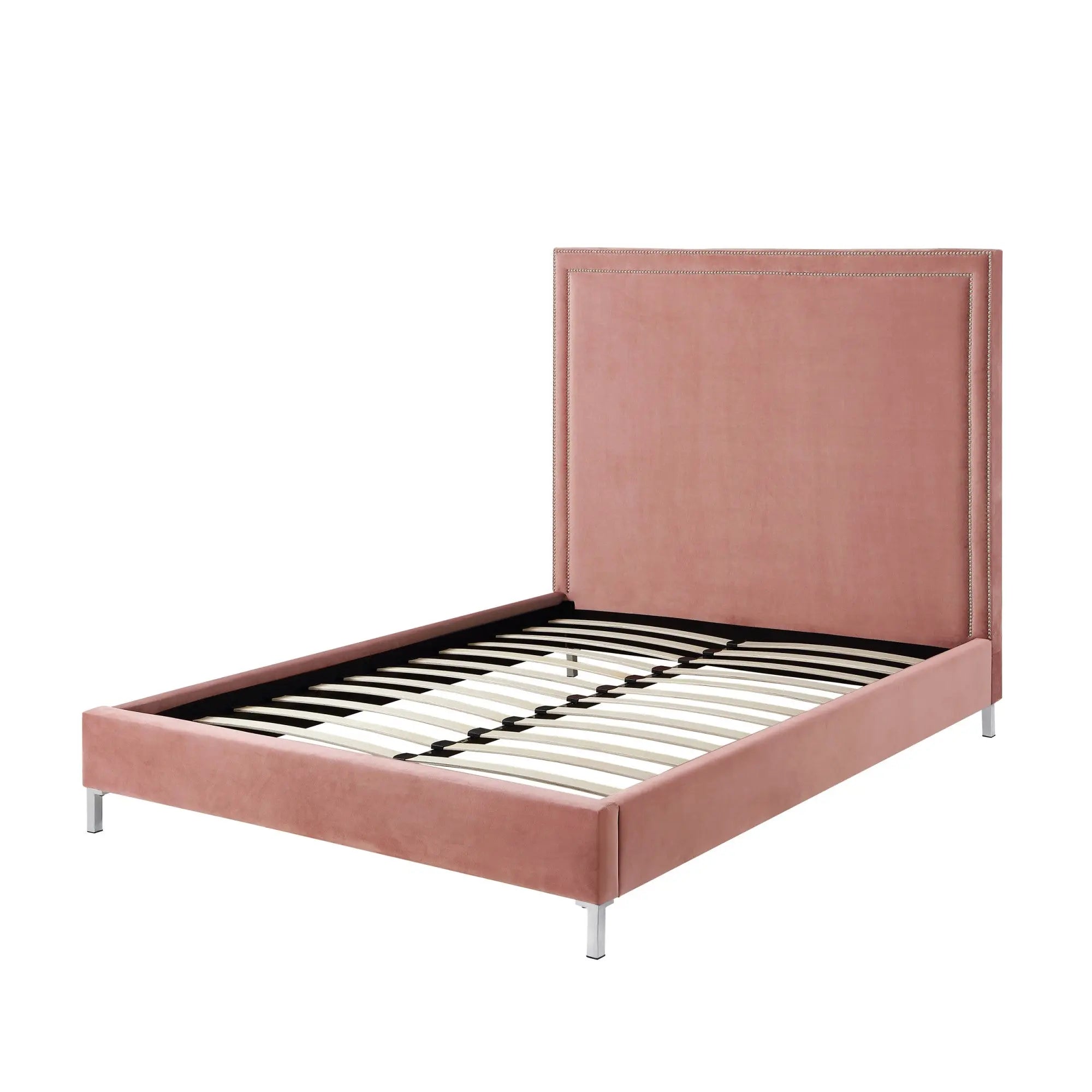 Blush Solid Wood Queen Upholstered Velvet Bed with Nailhead Trim Homeroots Bed & Bath