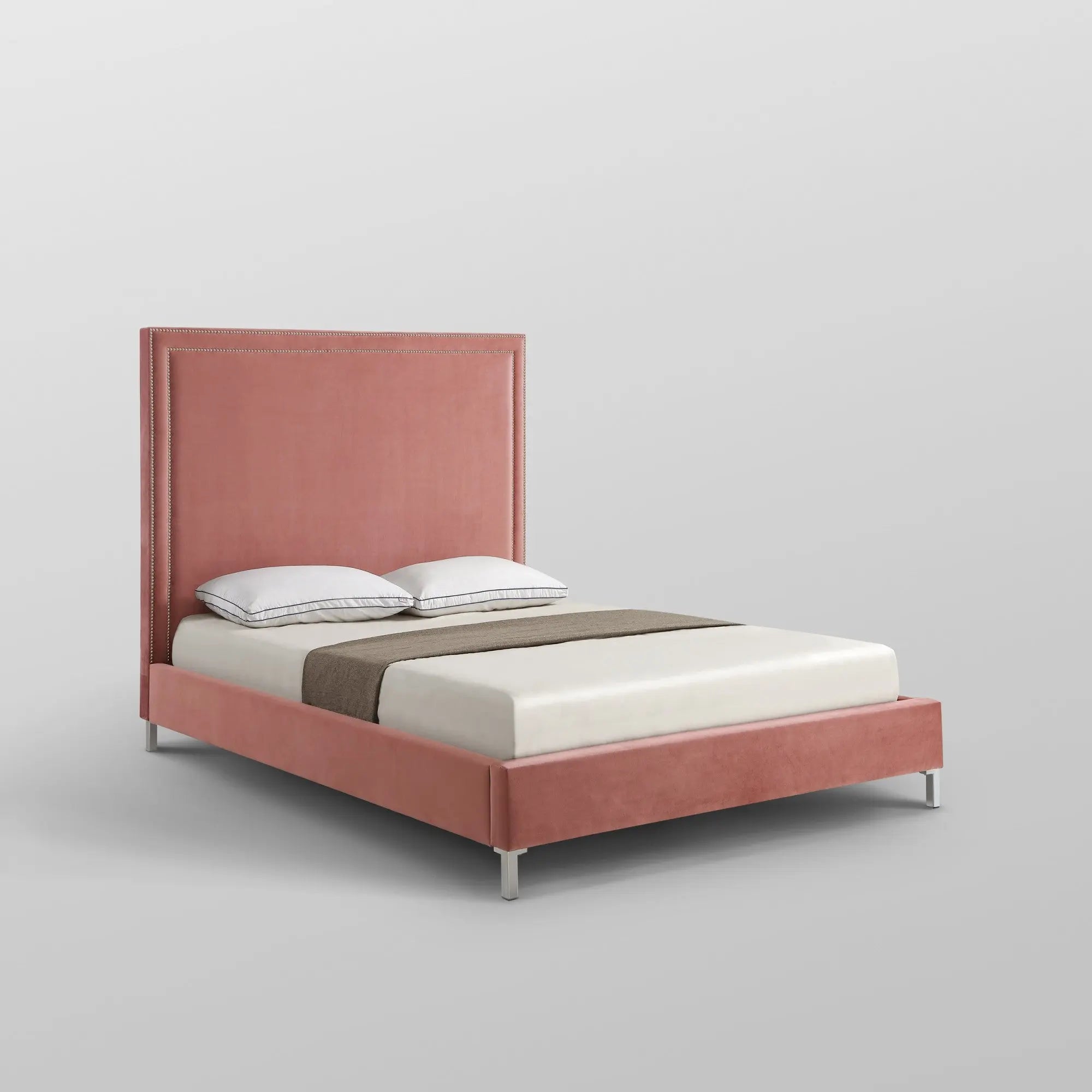 Blush Solid Wood Queen Upholstered Velvet Bed with Nailhead Trim Homeroots Bed & Bath
