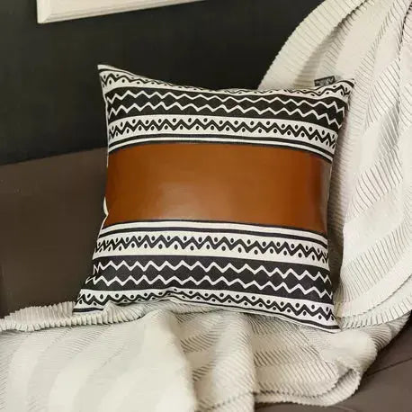 Boho Handcrafted Vegan Faux Leather Square Abstract Geometric Throw Pillow Cover MIKE & Co. NEW YORK