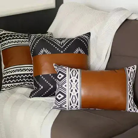 Boho Handcrafted Vegan Faux Leather Square Abstract Geometric Throw Pillow Cover MIKE & Co. NEW YORK