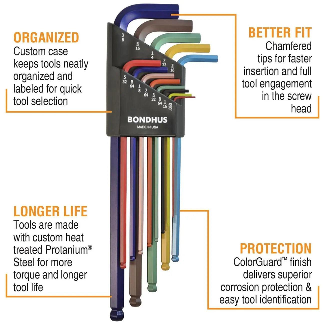 Bondhus Colorguard Plated Balldriver Metric/sae Ball End Hex L-keys Double Set (22 Piece) BONDHUS