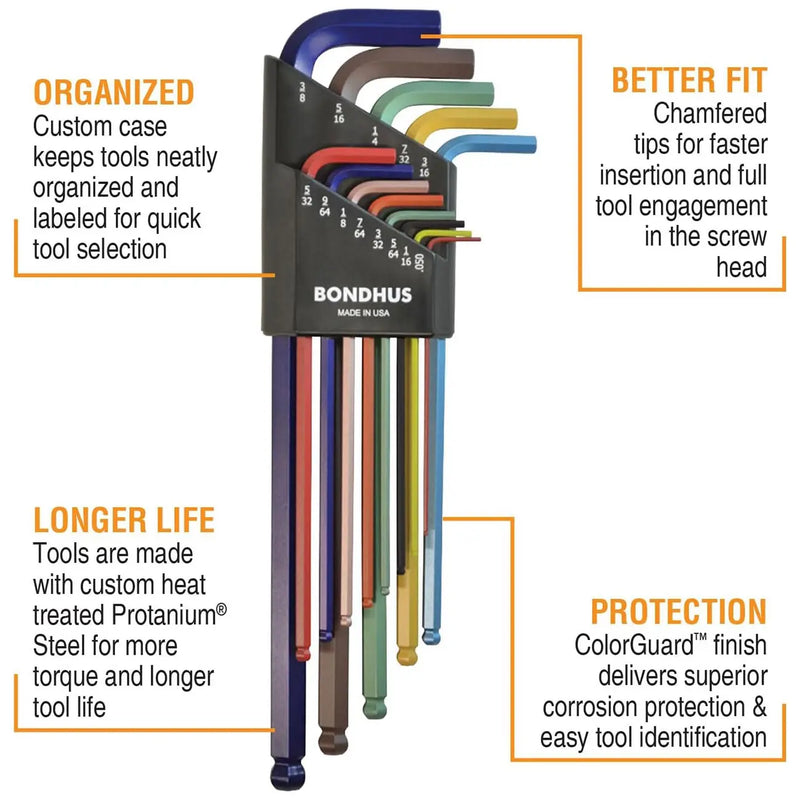 Bondhus Colorguard Plated Balldriver Metric/sae Ball End Hex L-keys Double Set (22 Piece) BONDHUS
