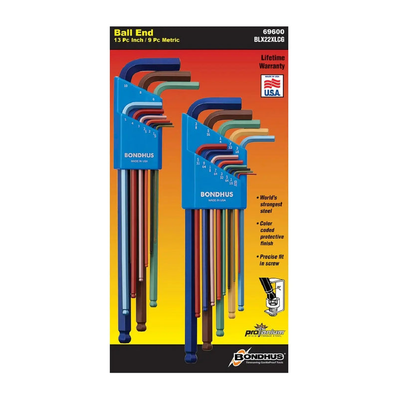 Bondhus Colorguard Plated Balldriver Metric/sae Ball End Hex L-keys Double Set (22 Piece) BONDHUS