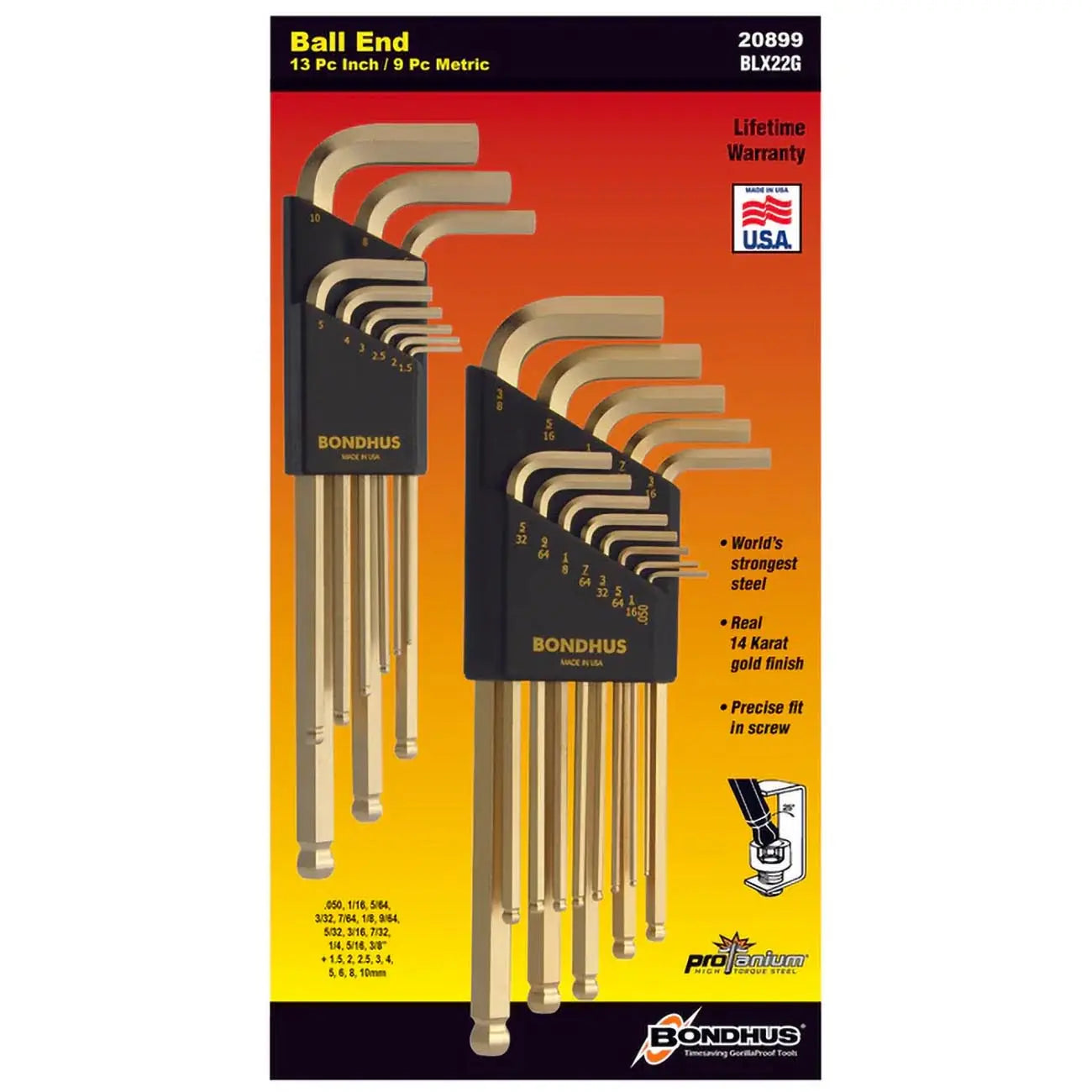 Bondhus Goldguard Plated Balldriver Metric/sae Ball End Hex L-keys Double Set (22 Piece) BONDHUS
