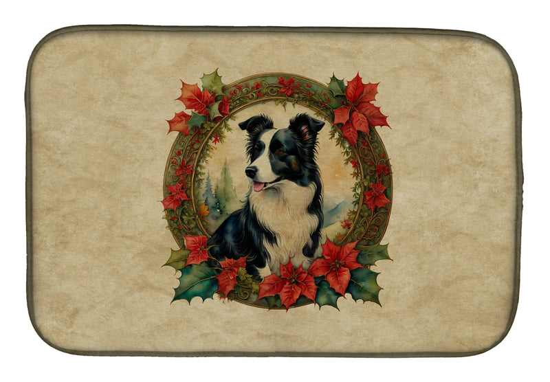 Border Collie Christmas Flowers Dish Drying Mat Caroline's Treasures