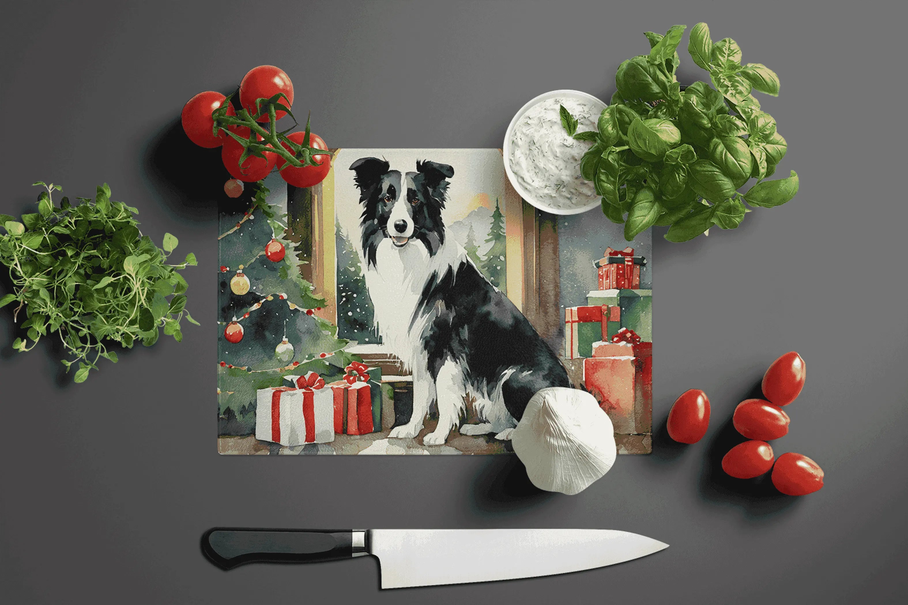 Border Collie Cozy Christmas Glass Cutting Board Caroline's Treasures