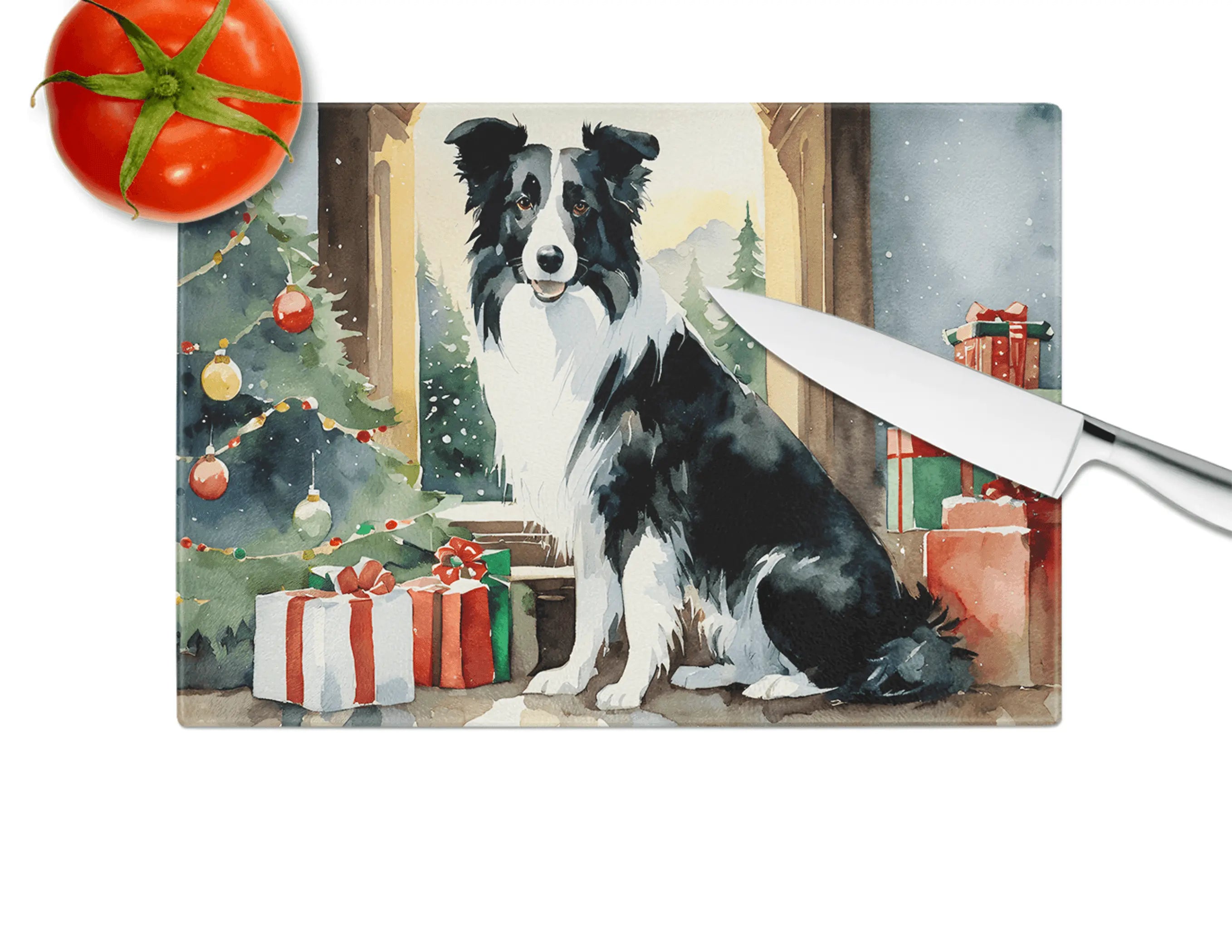Border Collie Cozy Christmas Glass Cutting Board Caroline's Treasures