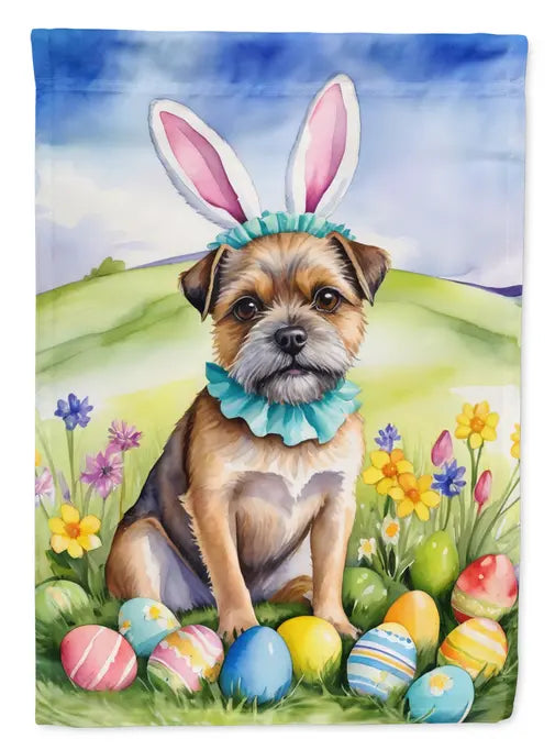 Adorable dog in bunny ears and ruffled collar with colorful Easter eggs and flowers, vibrant spring landscape backdrop.