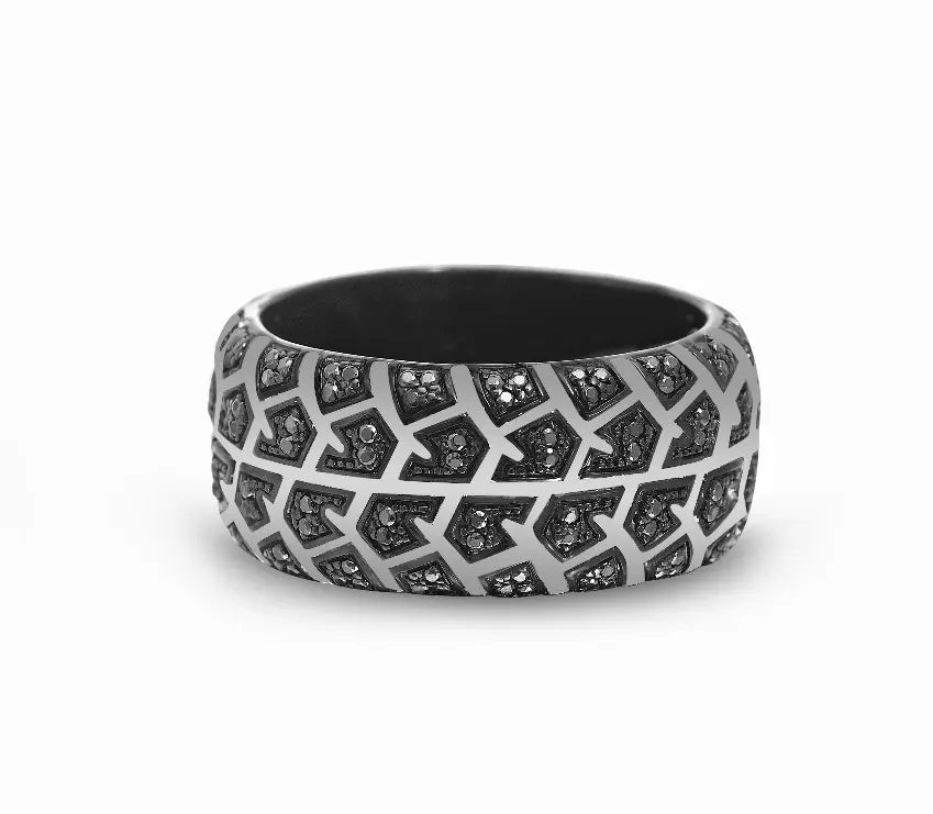 Born Drifter Black Rhodium Plated Sterling Silver Tire Tread Black Diamond Band Ring Luv My Jewelry