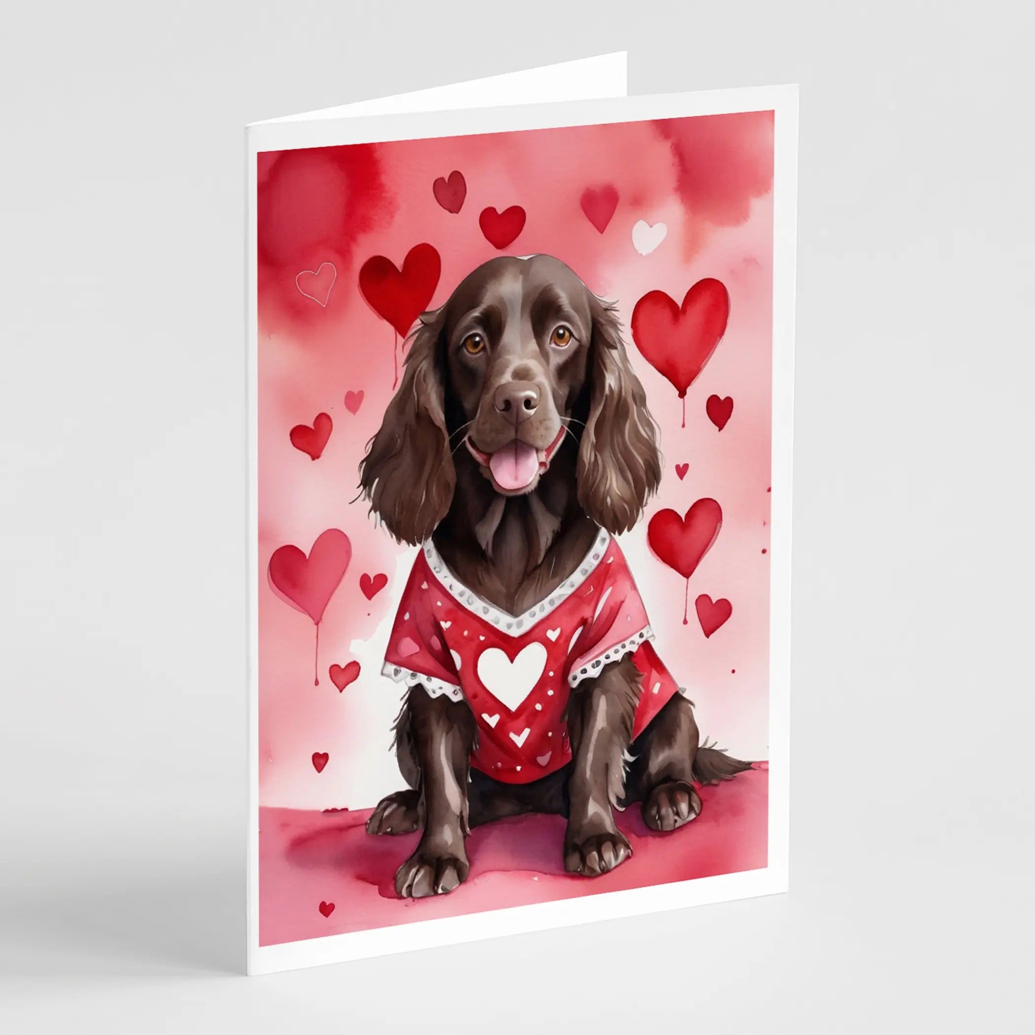 Brown dog in a red heart-patterned shirt, surrounded by pink and red hearts on a Valentine’s Day greeting card.