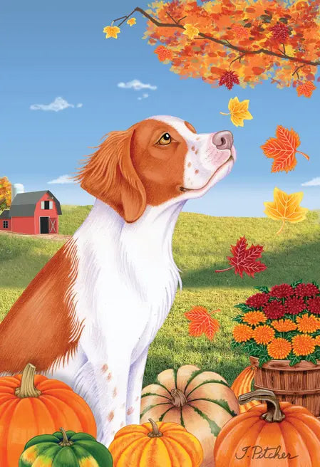 Brittany Spaniel - Tomoyo Pitcher Autumn Leaves Outdoor Flag Best of Breed
