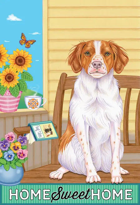 "Whimsical dog art print featuring a brown and white dog, sunflowers, and vibrant flowers, perfect for home decor."