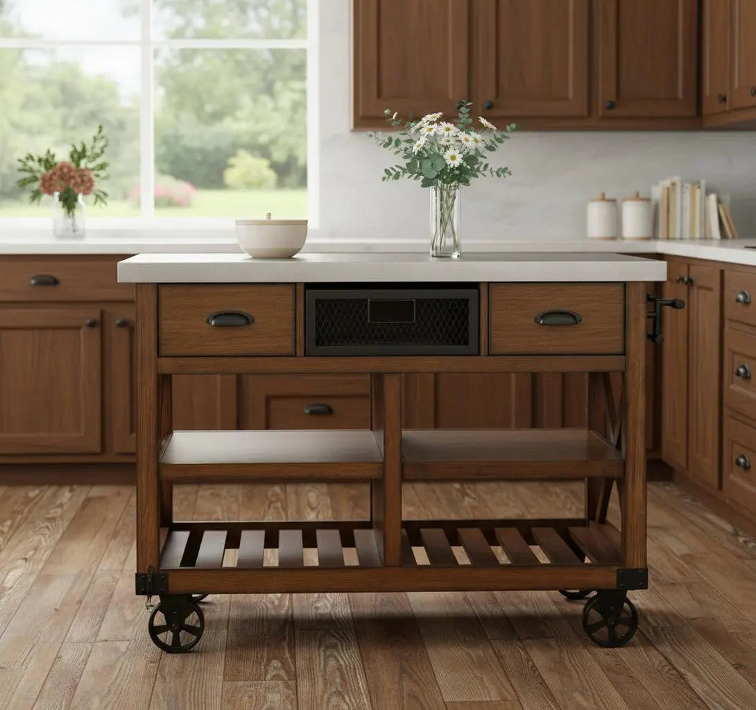 Brown And Silver 48" Rolling Kitchen Cart With Storage Homeroots Kitchen & Dining