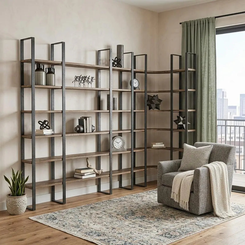 Brown Iron and Solid Wood Six Tier Bookcase Homeroots Office