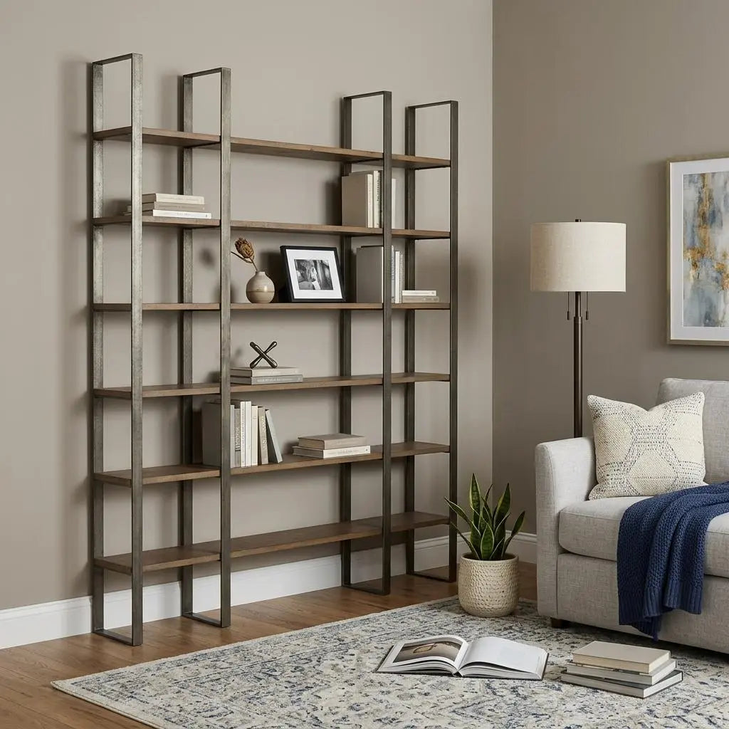 Brown Nickel and Solid Wood Six Tier Bookcase Homeroots Office