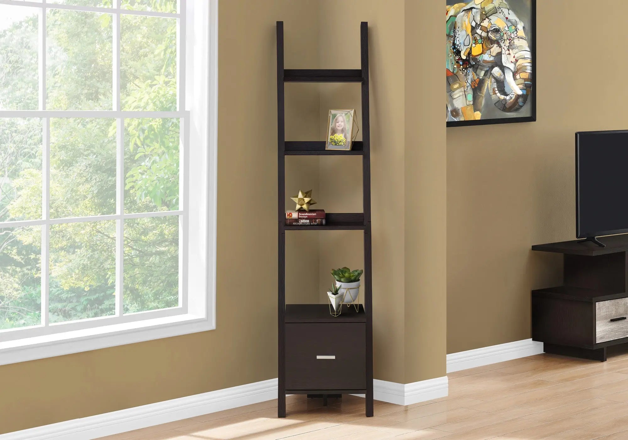 Brown Wood Four Tier Ladder Bookcase Homeroots Office