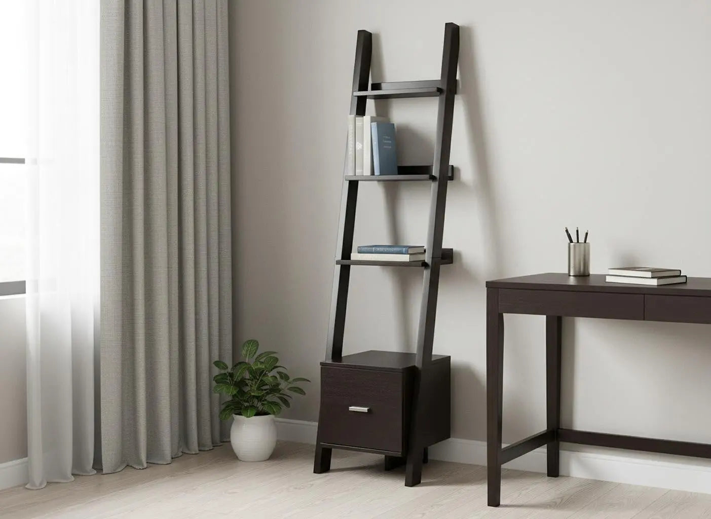 Brown Wood Four Tier Ladder Bookcase Homeroots Office