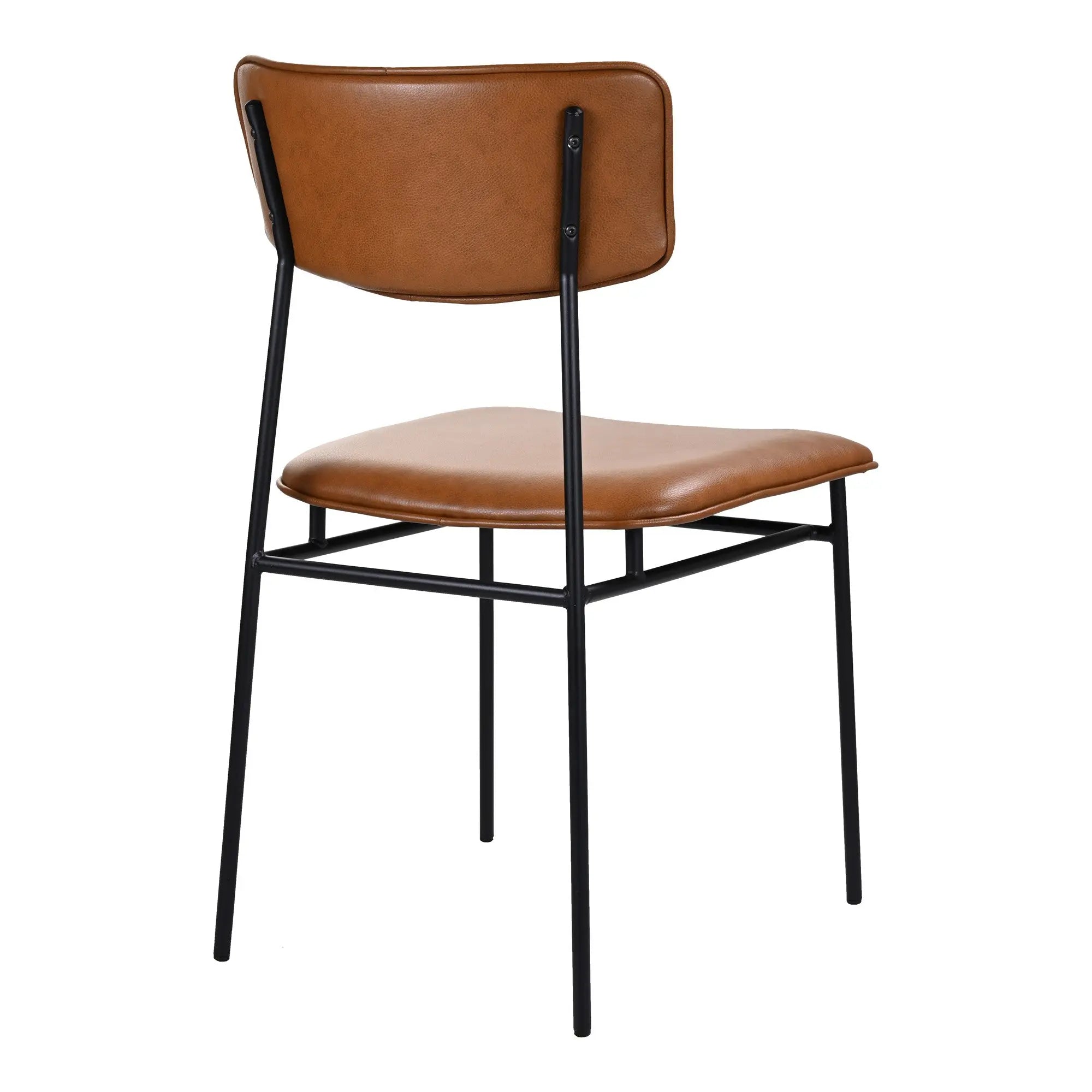 Brown faux leather dining chair with black metal frame, modern design, perfect for contemporary interiors.