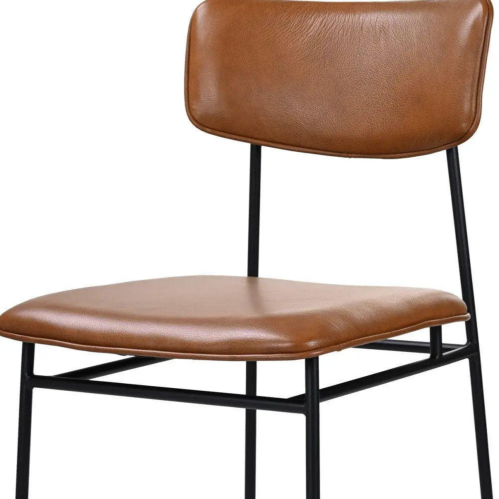 Brown leather dining chair with black metal legs, featuring a minimalist design for modern interiors.
