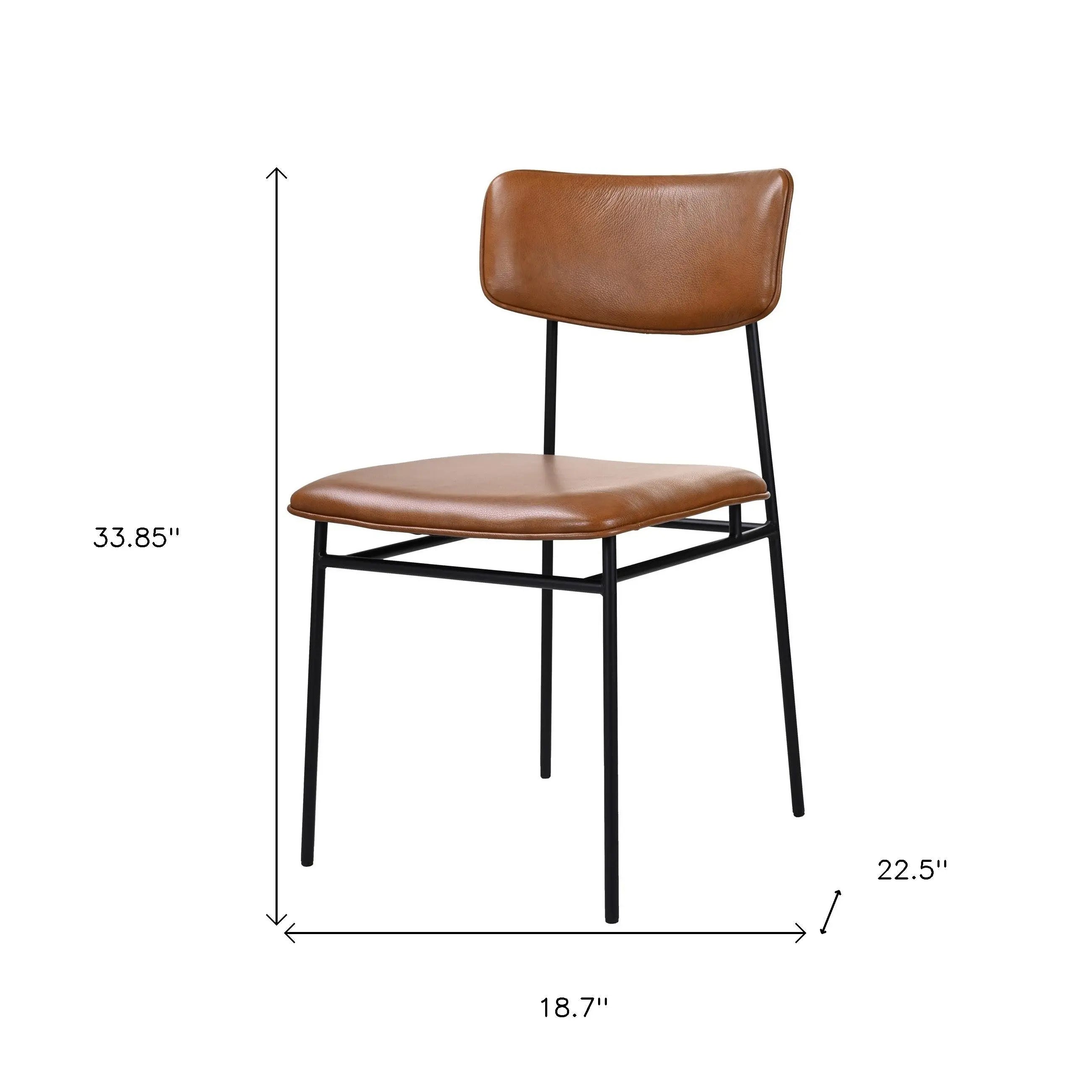 Brown leather dining chair with a stylish curved back and black metal legs, measuring 33.85" height, 22.5" depth.