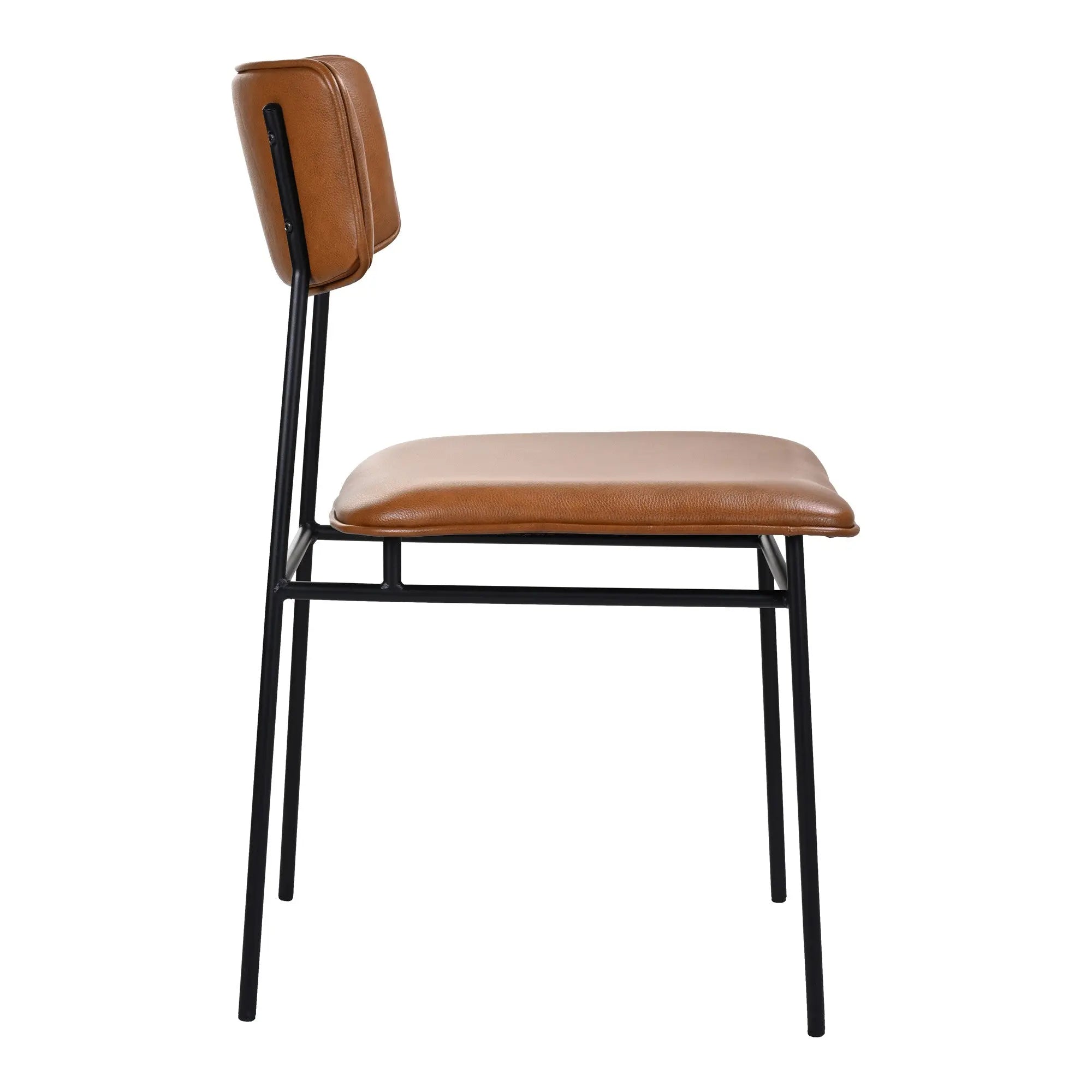 Brown leather dining chair with a sleek black metal frame, featuring a minimalist and modern design.