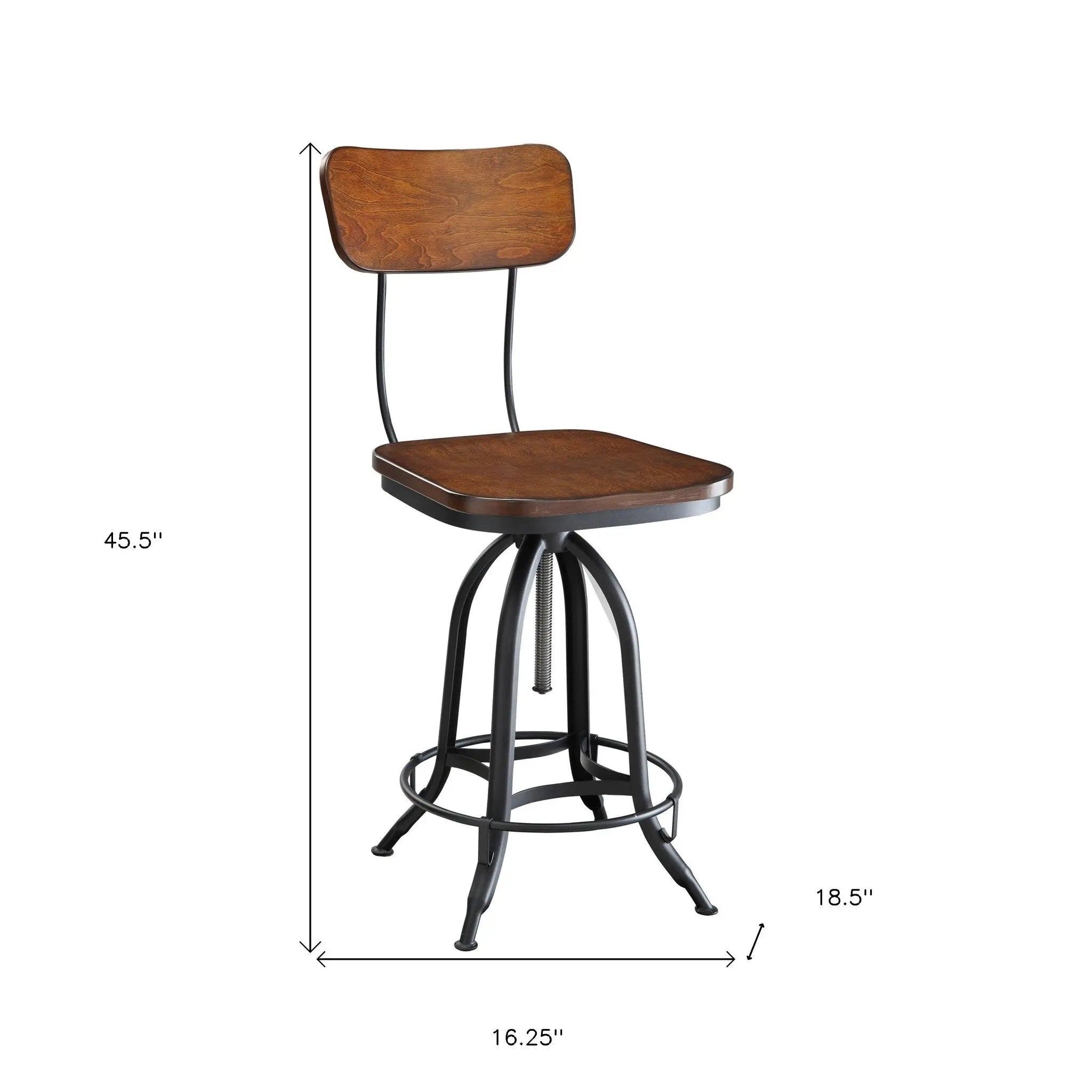 Brown and Black Solid Wood and Steel Adjustable Height Swivel Bar Chair Homeroots Living Room