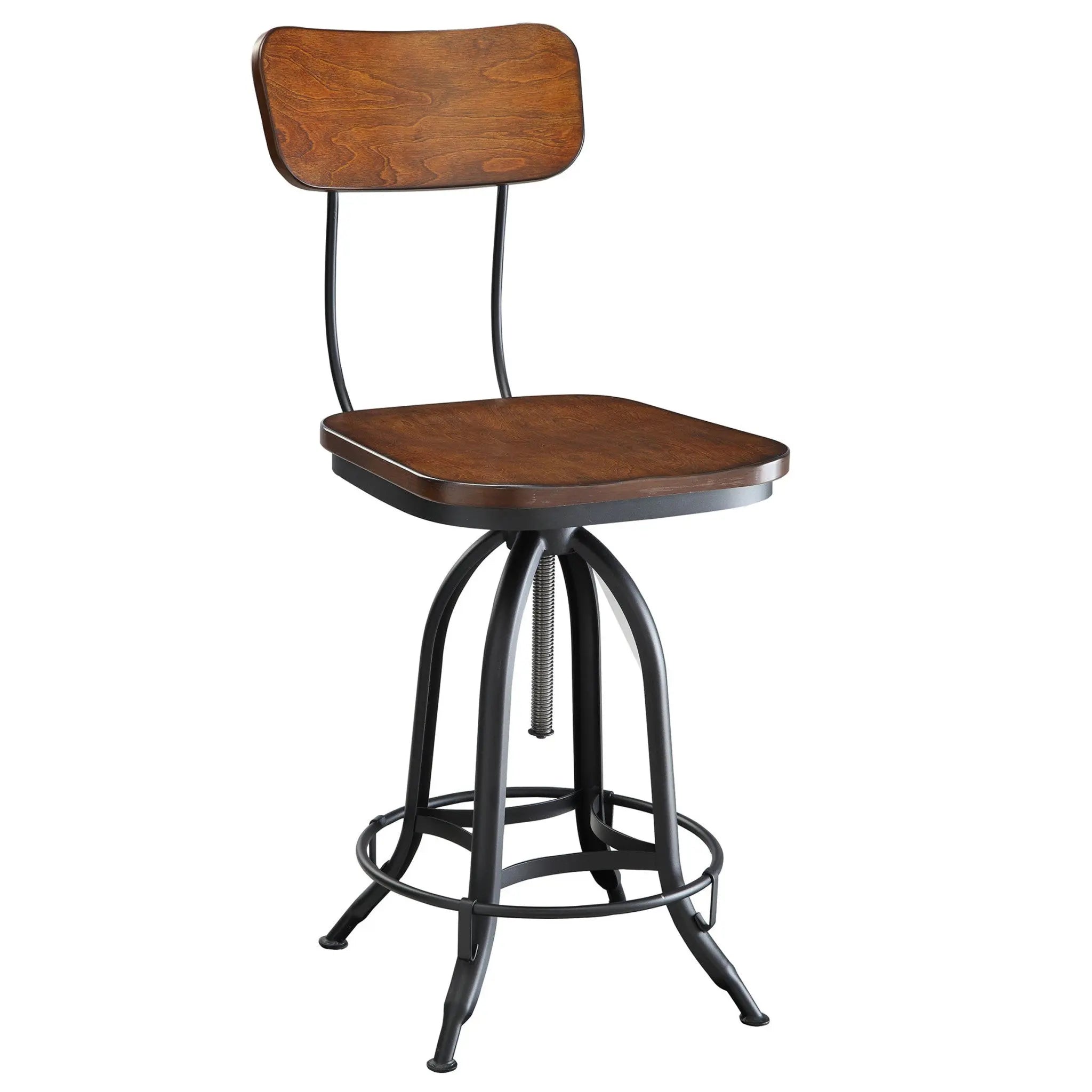 Brown and Black Solid Wood and Steel Adjustable Height Swivel Bar Chair Homeroots Living Room