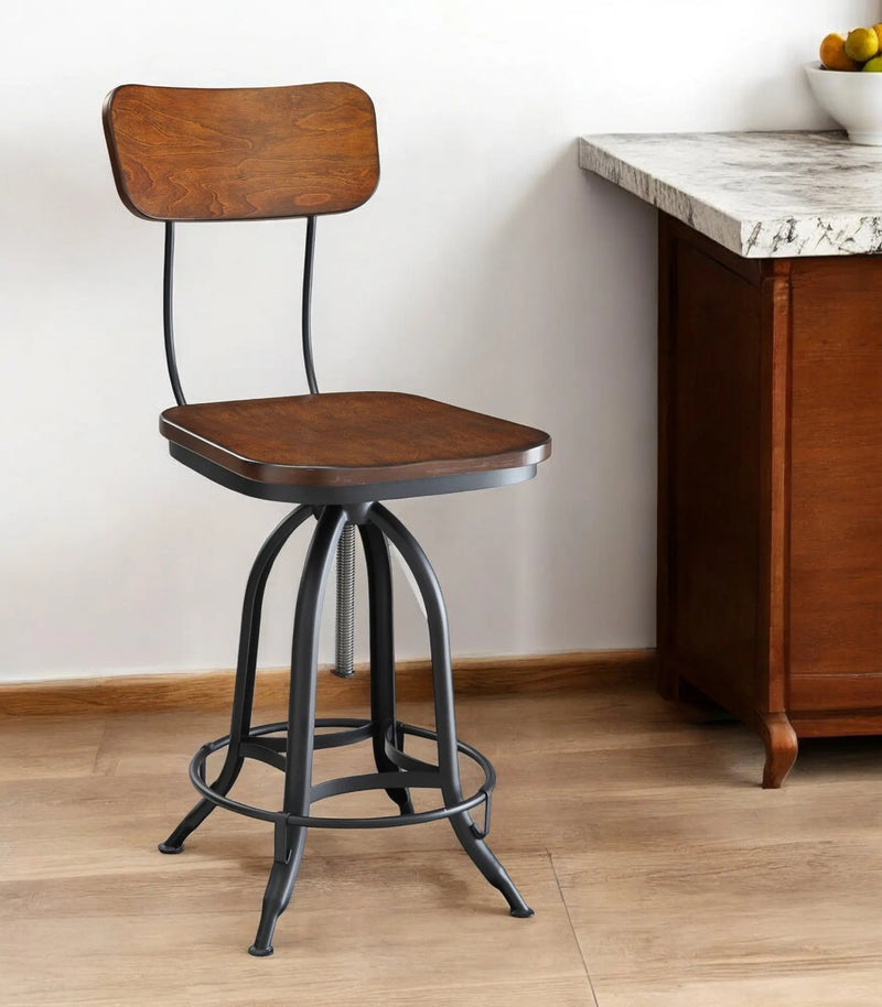 Brown and Black Solid Wood and Steel Adjustable Height Swivel Bar Chair Homeroots Living Room