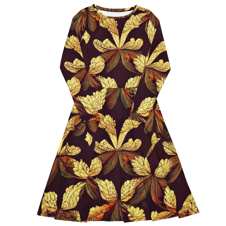 Brown and Gold Leaf Print Long Sleeve Midi Dress Adirelounge