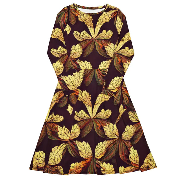 Brown and Gold Leaf Print Long Sleeve Midi Dress Adirelounge