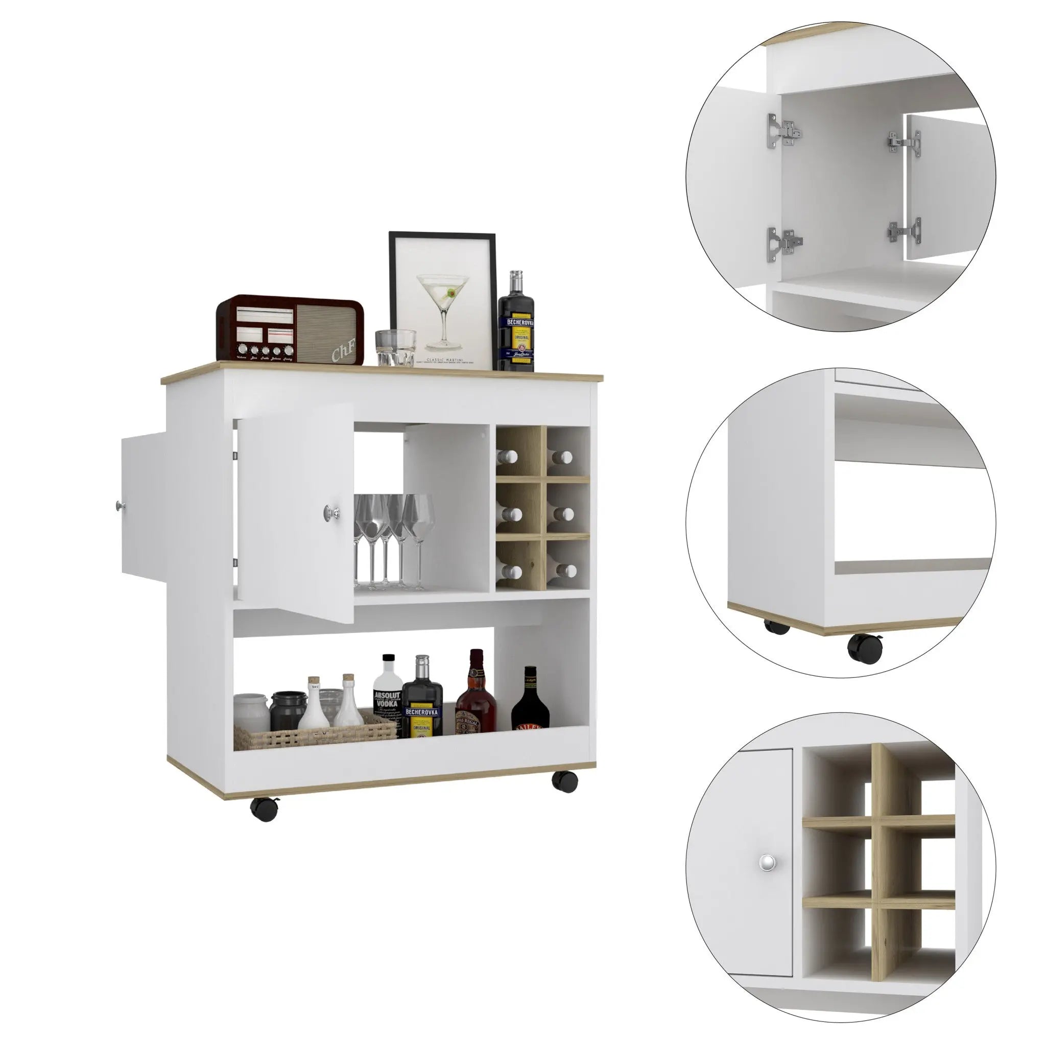 Brown and White Rolling Bar Cart With Wine Storage - GreatEagleInc