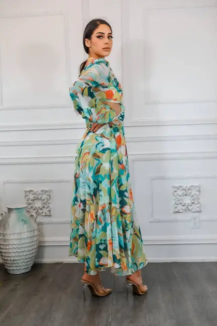 Bubble Sleeves Floral Cut-Out Ruffle Midi Dress SurelyMine