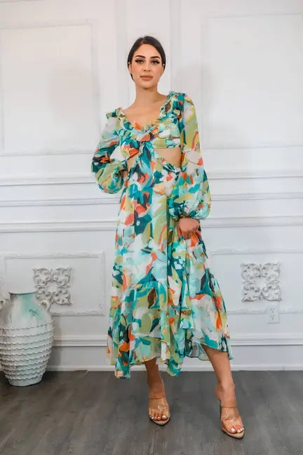 Bubble Sleeves Floral Cut-Out Ruffle Midi Dress SurelyMine