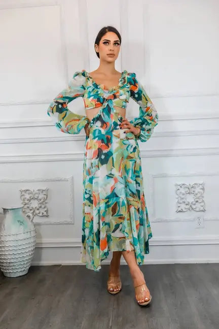 Bubble Sleeves Floral Cut-Out Ruffle Midi Dress SurelyMine