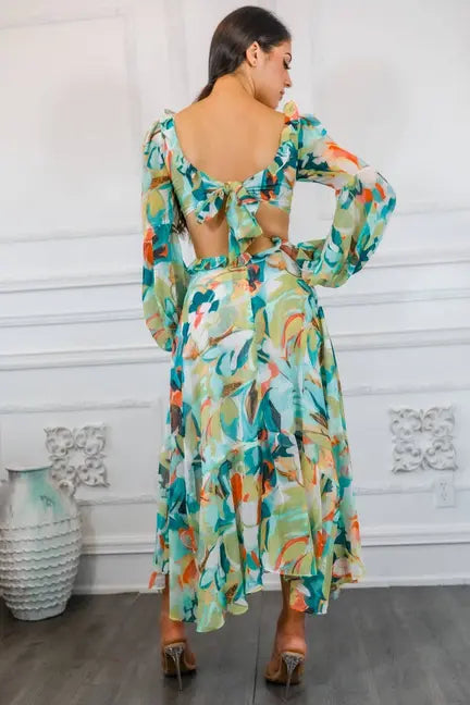Bubble Sleeves Floral Cut-Out Ruffle Midi Dress SurelyMine