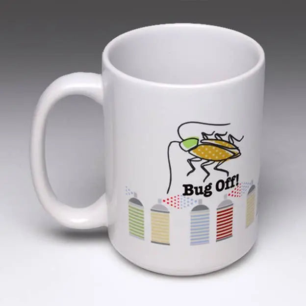 White ceramic mug featuring a playful "Bug Off!" design with a cartoon insect and colorful bug spray cans.