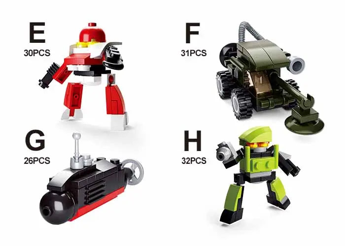Colorful building set featuring red and white robot, green tank, black submarine, and green soldier, 30-32 pieces each.