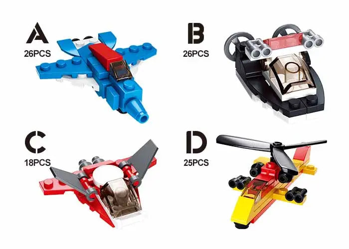 Colorful LEGO sets: blue airplane, black jet, red helicopter, and multi-colored crafts, suitable for creative play.