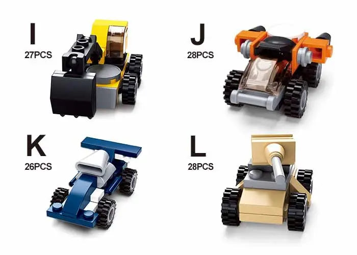 Colorful building block vehicles set: yellow excavator, orange racer, blue car, beige tank. Each with unique designs.