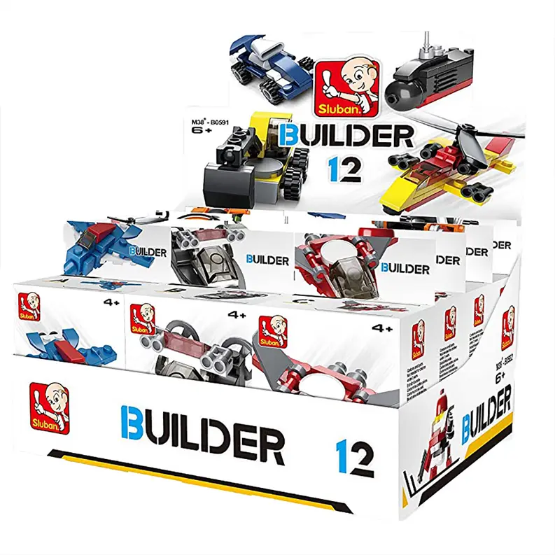 Colorful Sluban Builder toy set with multiple vehicles, featuring red, blue, and yellow pieces. Ideal for ages 4+.