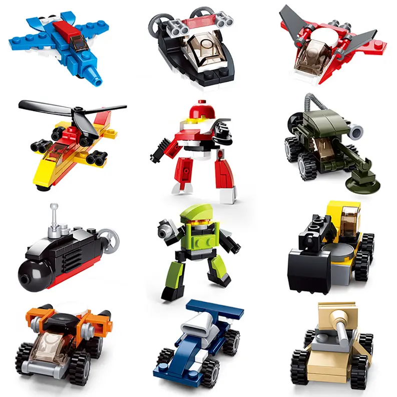 Colorful building blocks set featuring helicopters, cars, and planes in red, blue, green, and yellow. Ideal for creative play.