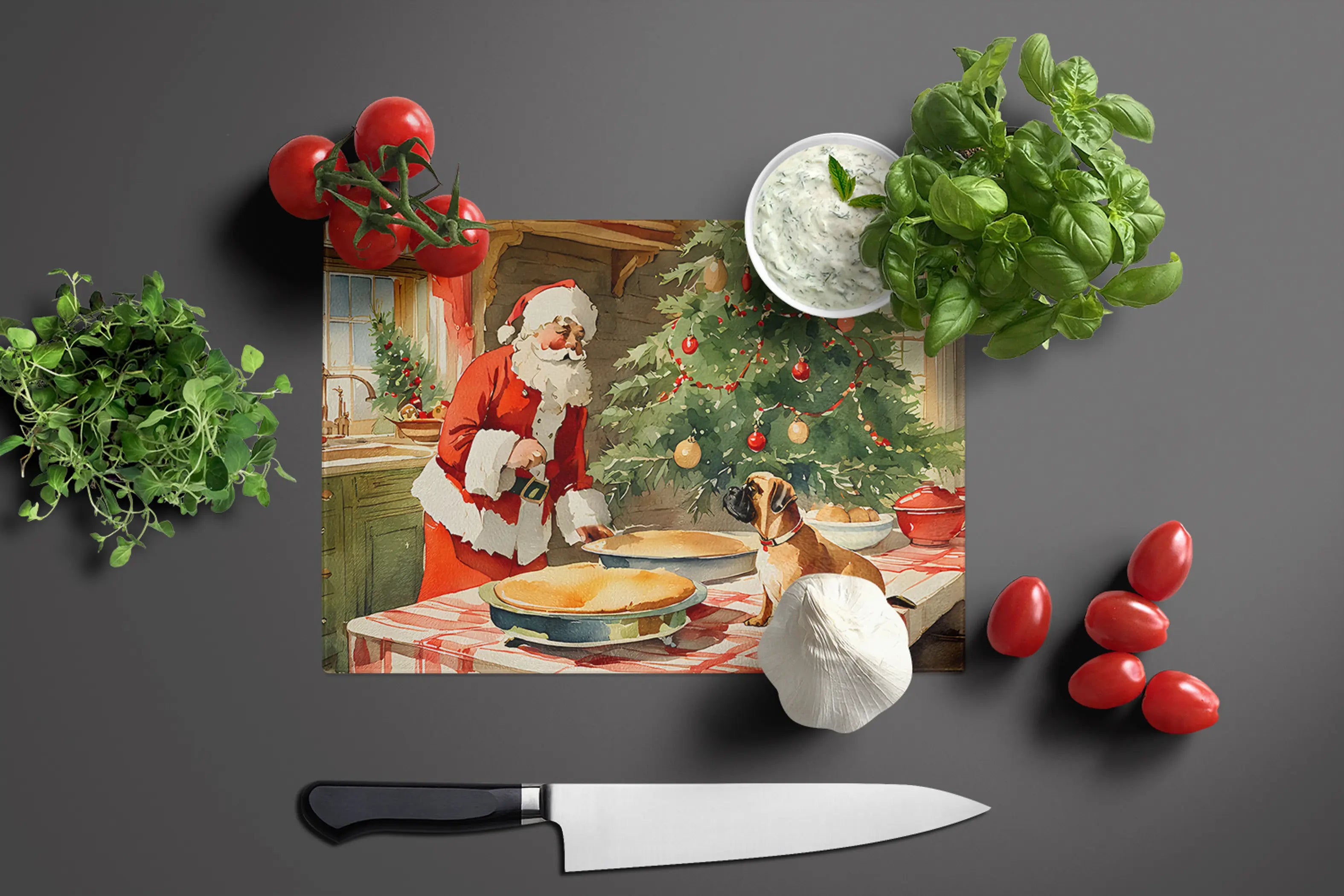 Bullmastiff Christmas Cookies Glass Cutting Board Caroline's Treasures