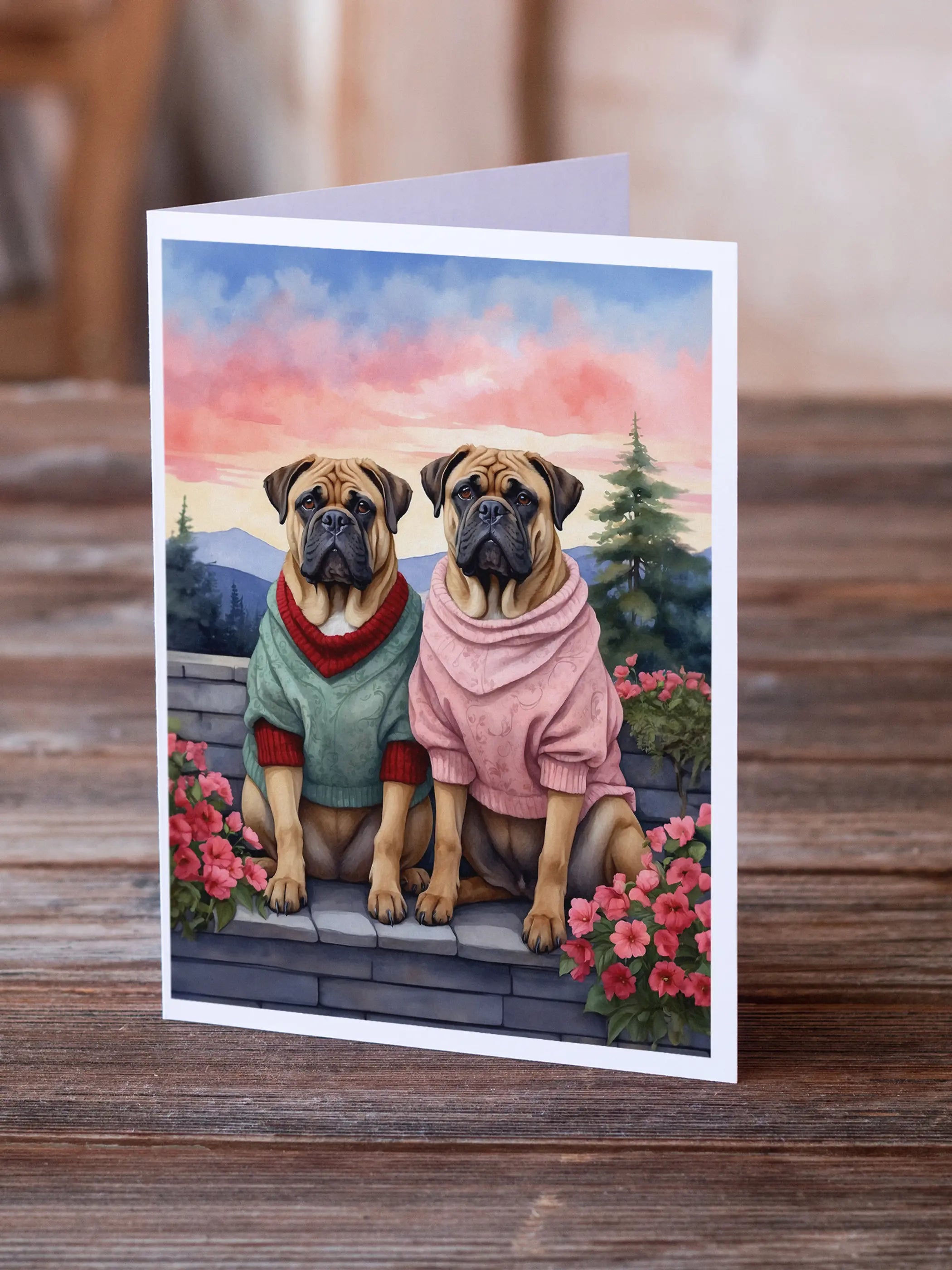 Bullmastiff Two Hearts Greeting Cards Pack of 8 Caroline's Treasures